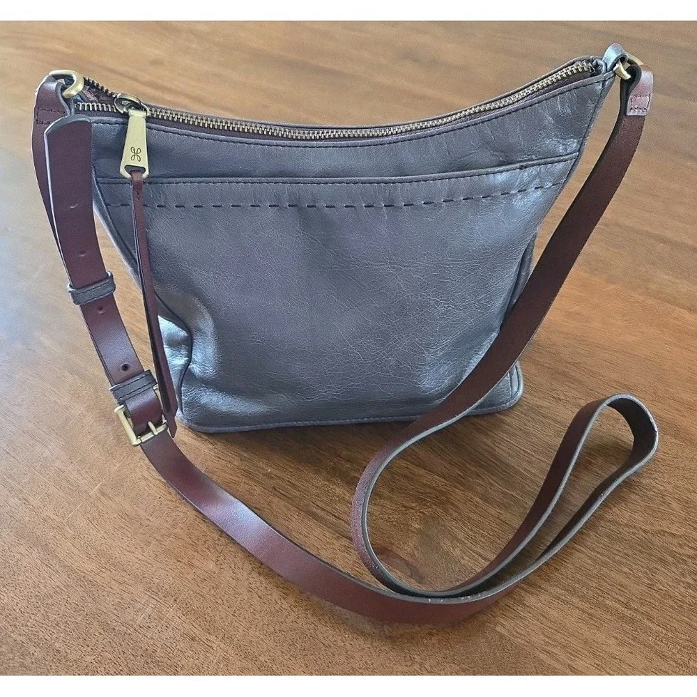 HOBO Aviva Gray Brown Leather Bag Crossbody Lined Zip Close Hobo International